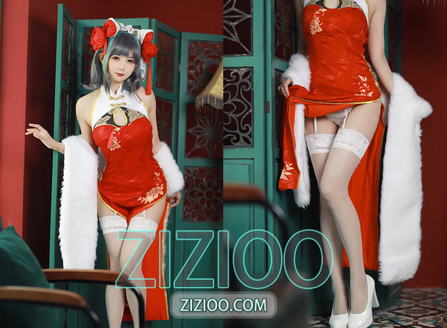 图片[1]-51酱 – NO.018 碧蓝航线 柴郡 新春旗袍 [12P-55M]-IOE魔盒花园